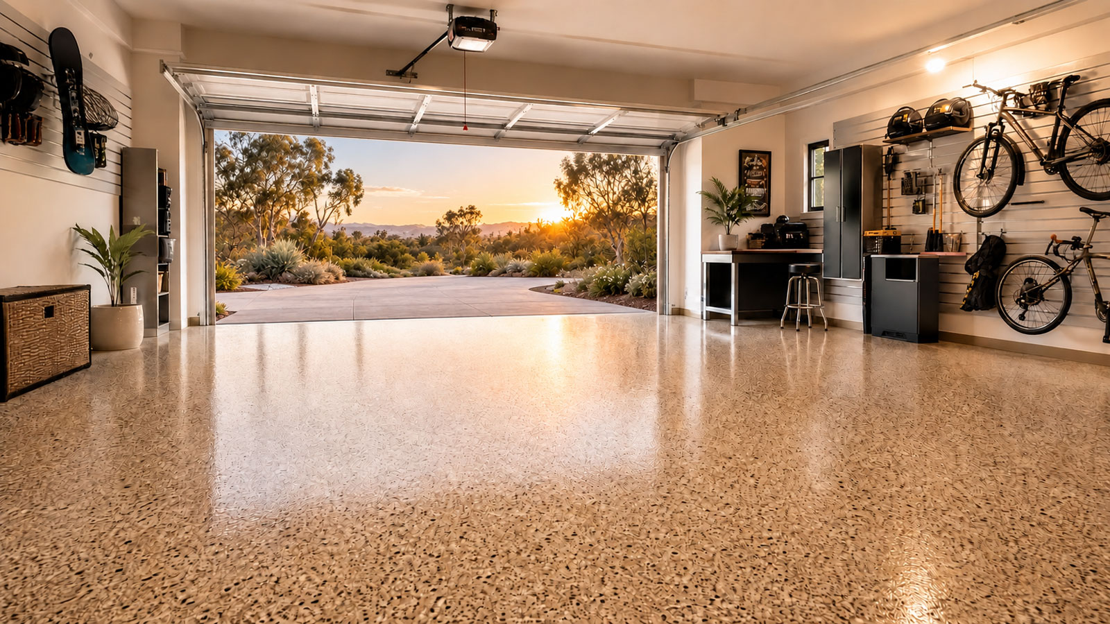 Warm, inviting residential garage with a professionally installed decorative flake floor coating